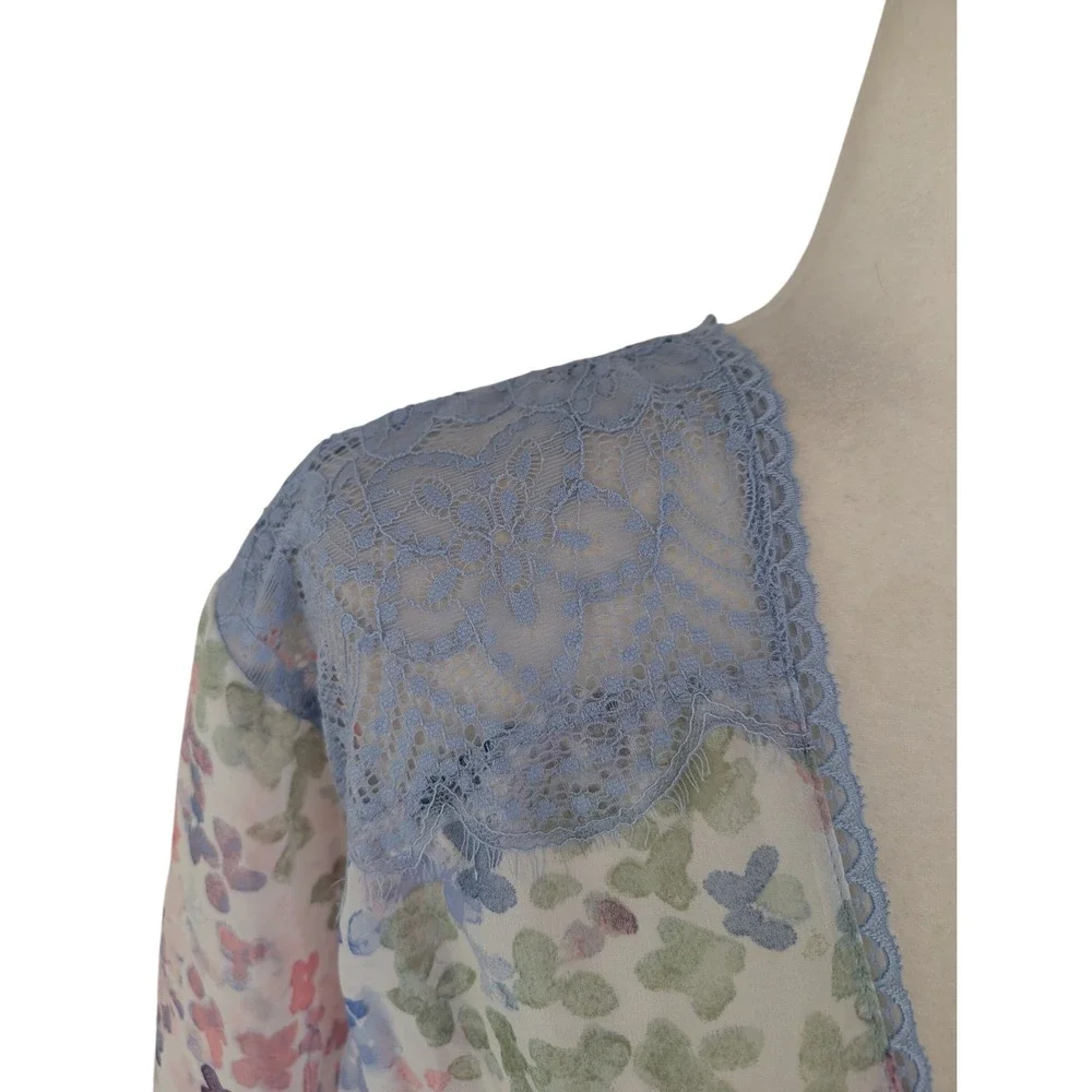 In Bloom by Jonquil Floral Lace Kimono Lounge Robe Cover Up Peri‎ Blue XS-S New